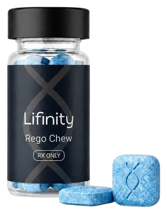Lifinity Rego Chew bottle with a month of blue daily chews
