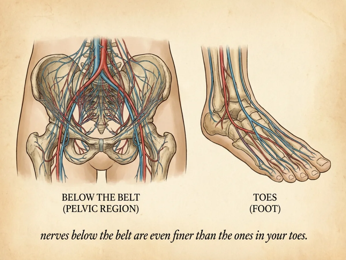 Anatomical illustration comparing nerves in the pelvic region and the foot