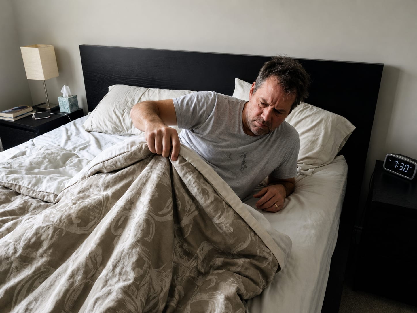 Man waking up in bed checking under the sheets
